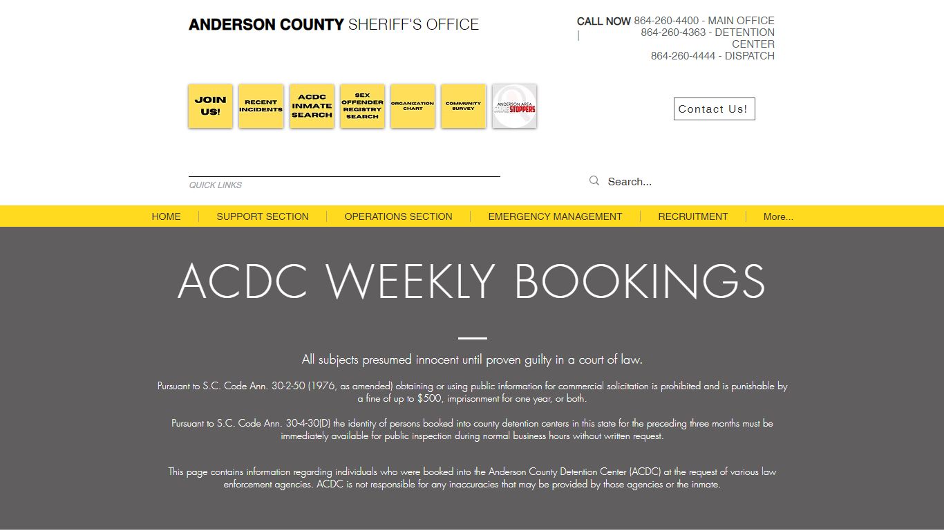 WEEKLY BOOKINGS | Anderson County Sheriff's Office | South Carolina